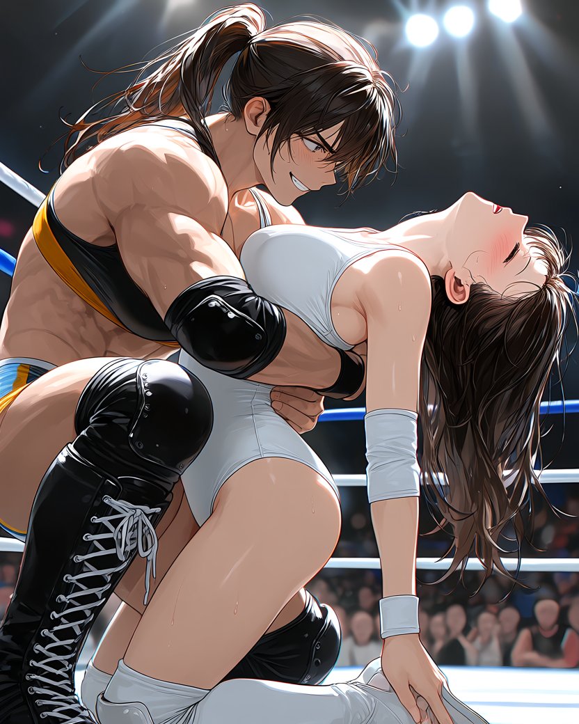 追撃型ベアハッグ！

---------------------------------

力が抜けた瞬間を、見逃さない。

「そのまま落ちろ。全部、締め上げてやる」

「やっ……くるし……っ……やめ……」

#AIart #女子プロレス #womenswrestling #fightscene
#dominance #intense #animeart #digitalart