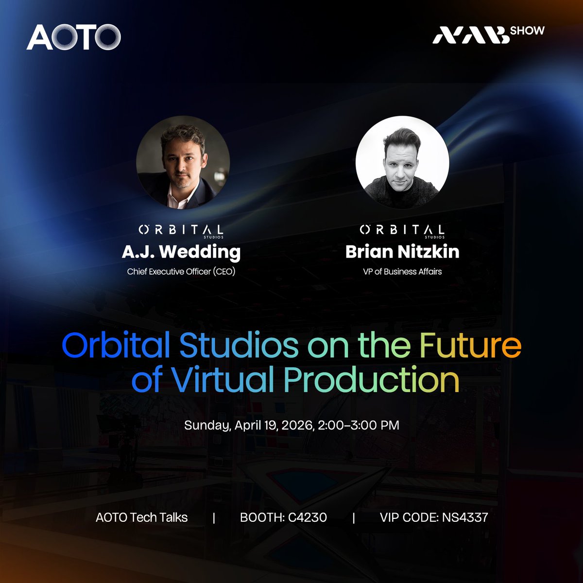 AOTOElectronics's tweet image. Where is virtual production really heading?

Kick off AOTO Tech Talks with Orbital Studios.
A.J. Wedding &amp;amp; Brian Nitzkin share real-world VP insights.
📍𝐁𝐨𝐨𝐭𝐡 𝐂𝟒𝟐𝟑𝟎 
🗓 𝐀𝐩𝐫𝐢𝐥 𝟏𝟗 | 𝟐–𝟑 𝐏𝐌

More: en.aoto.com/event/nab-show…
#AOTO #NABShow2026 #VirtualProduction