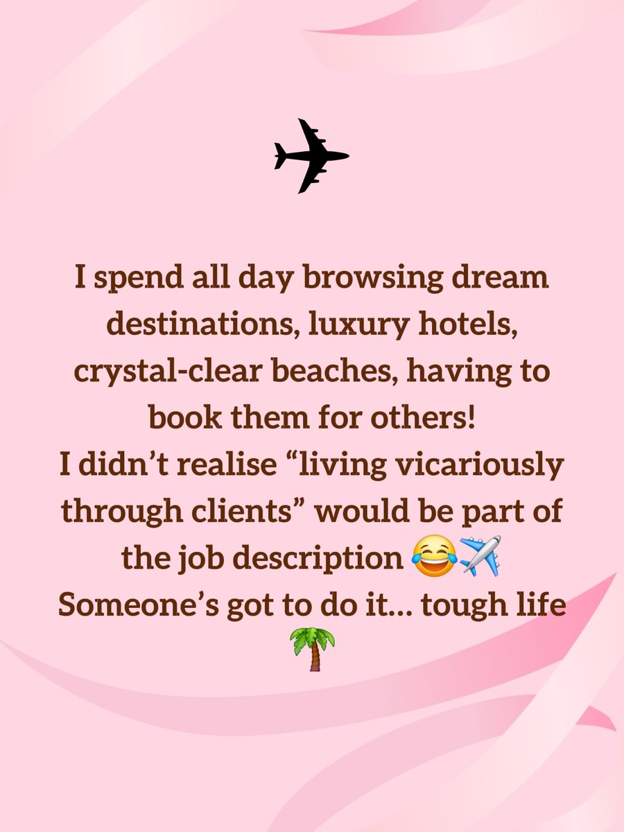 RachelLBegg's tweet photo. Spending all day browsing dream destinations, luxury hotels, and crystal-clear beaches… then having to book them for other people??
Didn’t realise “living vicariously through clients” would be part of the job description 😂✈️

Someone’s got to do it I suppose… tough life 🌴 https://t.co/1Xx7MGglnM