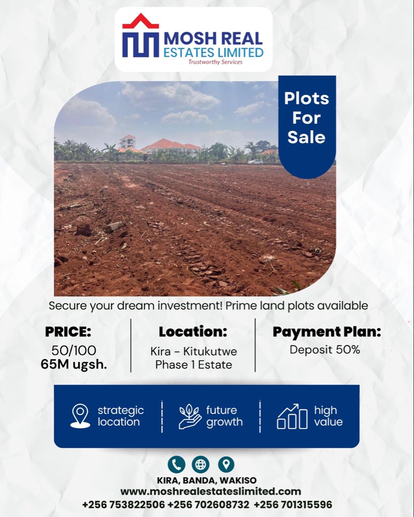 moshrealestates's tweet image. Kira Kitukutwe Phase 1 Island Estates now selling.

50 by 100 plots
Price: 65M UGX
Deposit: 50%
Flexible payment plans available

Invest smart with Mosh Real Estate today.

#MoshRealEstate #LandForSale #KiraKitukutwe #RealEstateUganda #PropertyInvestment