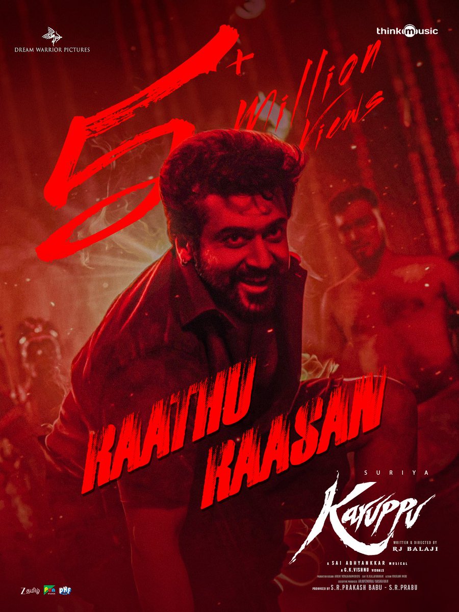 thinkmusicindia's tweet image. #RaathuRaasan Blasting past 5 Million views 💥🖤

@Suriya_offl ‘s #Karuppu

▶️ youtu.be/5PASPLld0u8

A @SaiAbhyankkar Musical 🎶 

Lyrics : @Lyricist_Vivek 
Singer : #VMMahalingam, #SaiAbhyankkar &amp;amp; #PaalDabba 

Worldwide in theatres, on May 14th 2026!

@trishtrashers