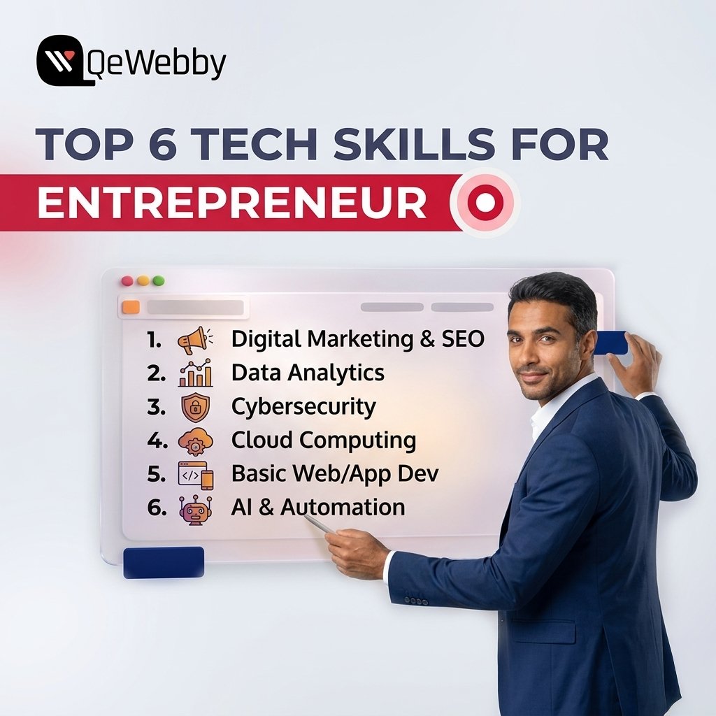 qewebby's tweet photo. A lot of #entrepreneurs learn this too late:

You don’t need to be technical, but understanding the right tech skills can save you time, money &amp; costly mistakes.

Here are the top tech skills every entrepreneur should know 👇
https://t.co/ynZasfNFmX

#businessgrowth #startuptips https://t.co/k2qJODJISd