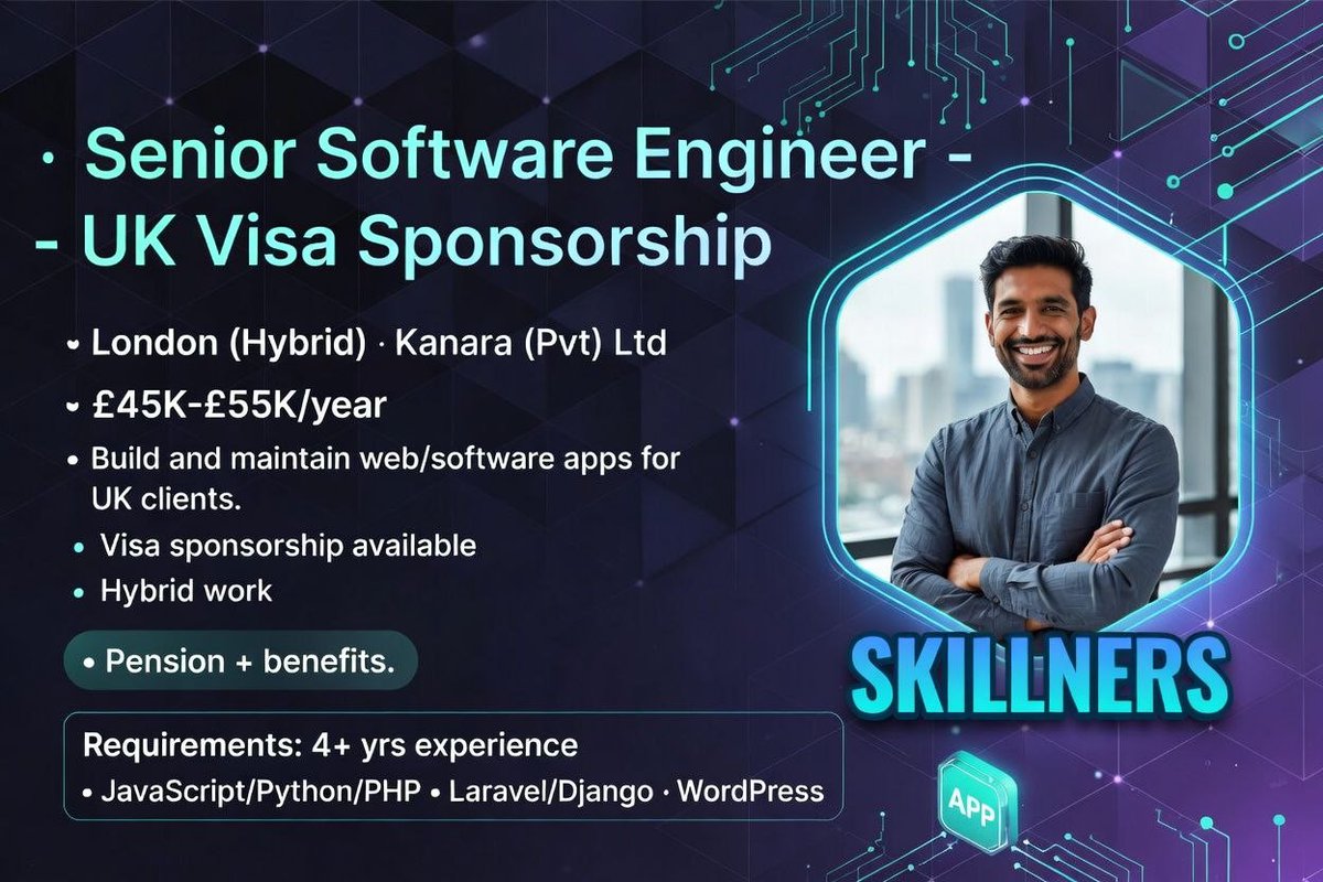 skillners's tweet image. Senior Software Engineer – Visa Sponsorship
📍 London (Hybrid) |  £45K–£55K

Build web/apps for UK clients.
Req: 4+ yrs • JS/Python/PHP • Laravel/Django/WordPress
Perks: Sponsorship + hybrid + benefits

Apply: t.me/skillners/1756

#UKJobs #SoftwareEngineer #VisaSponsorship