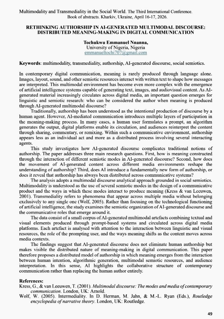 tobby_nuel's tweet photo. I remain the only Nigerian student whose abstract was selected for this year’s Third International Conference on Multimodality and Transmediality, a humbling milestone in my academic journey and contribution to global linguistic discourse. 😊📚 

🔗: https://t.co/nE7zqTIcu2 https://t.co/0AqBX22ir8