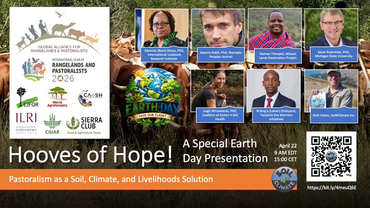 ILRI's tweet image. Pastoralism isn't a relic of the past—it’s a vital force for a resilient future. 🐄✨

Join @ILRI this #EarthDay for "Hooves of Hope." Explore how grazing systems restore rangelands, build soil carbon, and support livelihoods.

🎙️ Keynote: Siboniso Moyo
📅 April 22
🕒 15:00 CET