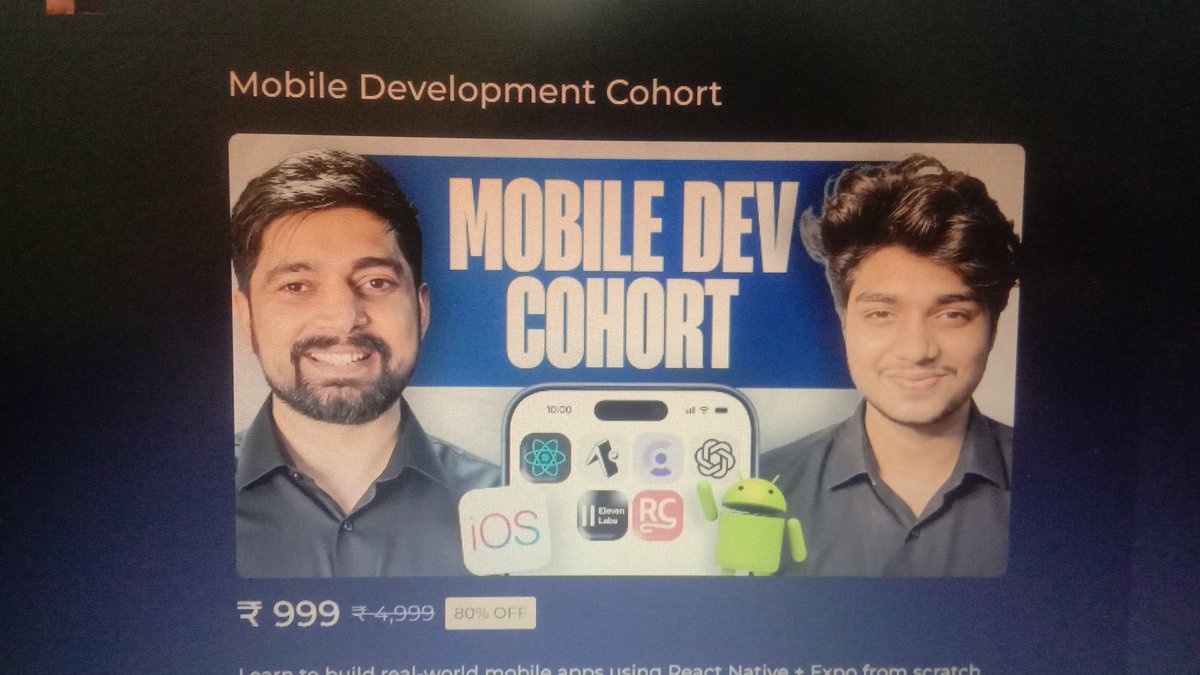 mraaravahuja's tweet image. I was just browsing at the courses.chaicode.com/learn and just stumbled across this react native native cohort worth 2 lakhs is now available at just an price of 999rs for a limited time,really good cohort if you want to learn #reactnative go check it out on the courses courses web.