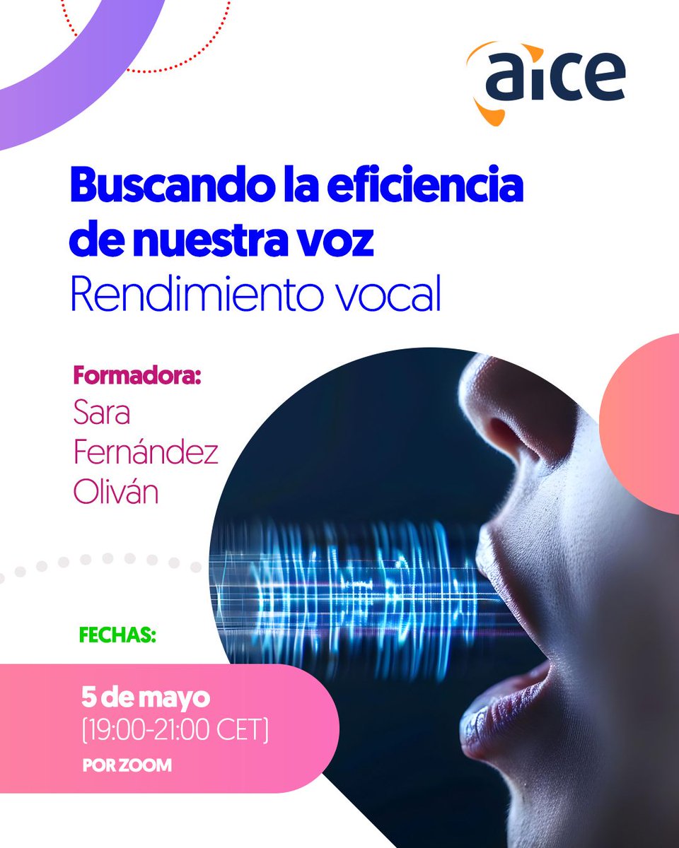 🗣️ Hoy es el #DíaMundialDeLaVoz

En #AICE lo celebramos anunciando un taller clave para profesionales que utilizan esta herramienta de comunicación: «Buscando la eficiencia de nuestra voz: rendimiento vocal».

📅 5 de mayo de 2026 | 19:00–21:00 CET
💻 En línea + grabación

#1nt