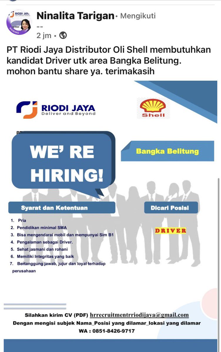 disnaker_babel's tweet photo. info Loker RIODI JAYA-Bangka Belitung

bergerak di bidang distributor resmi pelumas mencari untuk posisi DRIVER.

https://t.co/lVgQdDkfgN

#disnakerbabel https://t.co/Qz3VfdfhMi