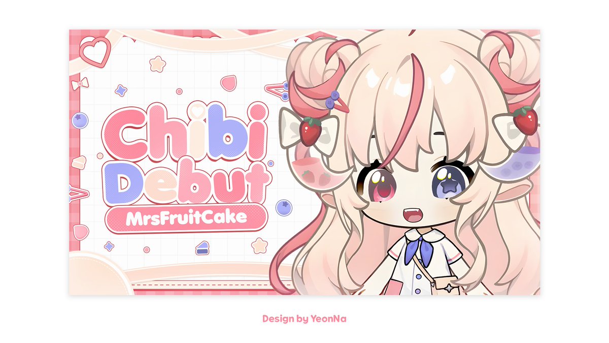 — Commission Works ✦
Thumbnail <a href="/MaryFrCake/">MrsFruitCake🍰🫐 Fruits & Cake Vtuber</a> 🍰🍇
Chibi Debut thumbnail design, sweet and pastel with a cute fruity vibe 🍰

Thank you for the commission ♡  
 ♡ and ↻ are very appreciated ✦