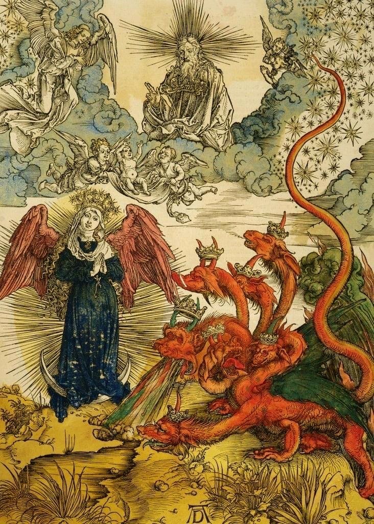 Albrecht Dürer, The Lady of the Sun, c.1498 (coloured woodcut by unknown printer)