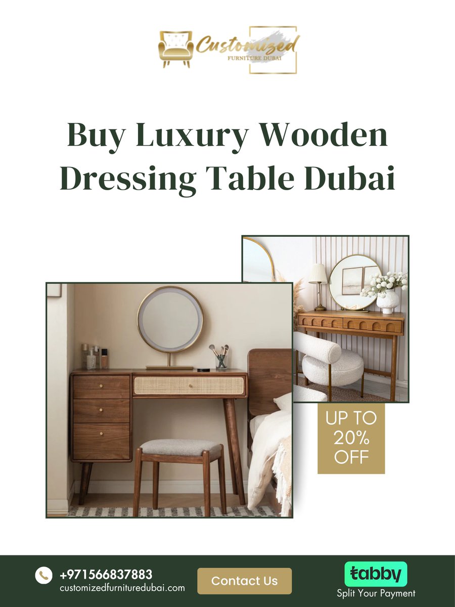 CustomizedDubai's tweet image. Get ready in style! Our premium wooden dressing tables combine elegance and functionality. Plus, enjoy UP TO 20% OFF right now! Split your payment easily with Tabby. Contact us to order yours in Dubai!

📞 wa.me//971566837883
🌐 customizedfurnituredubai.com/wooden-dressin…

#CustomizedFurniture