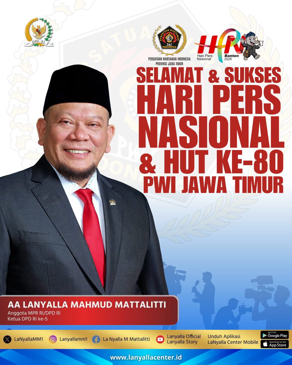 LaNyallaMM1's tweet image. Selamat &amp;amp; Sukses 
Hari Pers Nasional &amp;amp; HUT ke - 80 PWI Jawa Timur

#haripersnasional #pwi #lanyalla #dpdri #dpdrijatim #lanyalaacademia #pwijatim