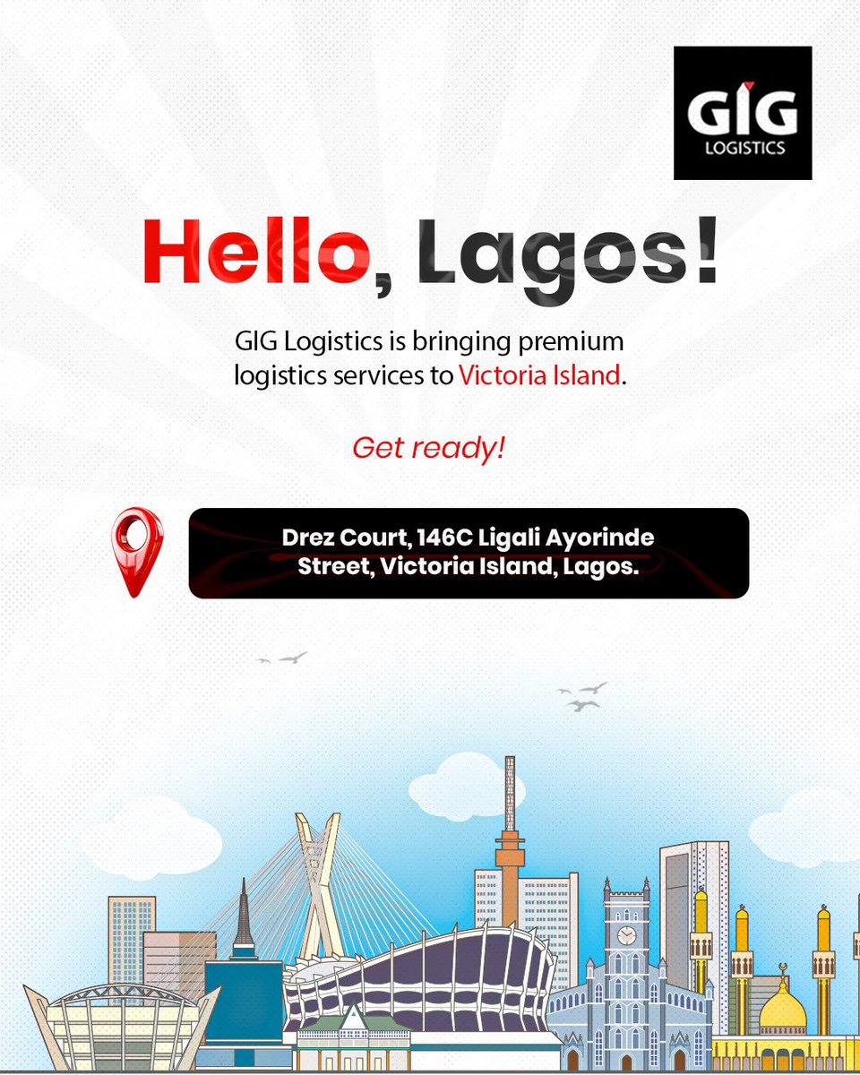GiGLogistics's tweet image. Lagos Island, we’re coming again!

Another GIG Logistics Experience Centre is launching soon at:
Drez Court, 146C Ligali Ayorinde Street, Victoria Island, Lagos.

Get ready for easier, faster shipping.

#giglogistics #Wedeliver #ExperienceCentre #Lagos