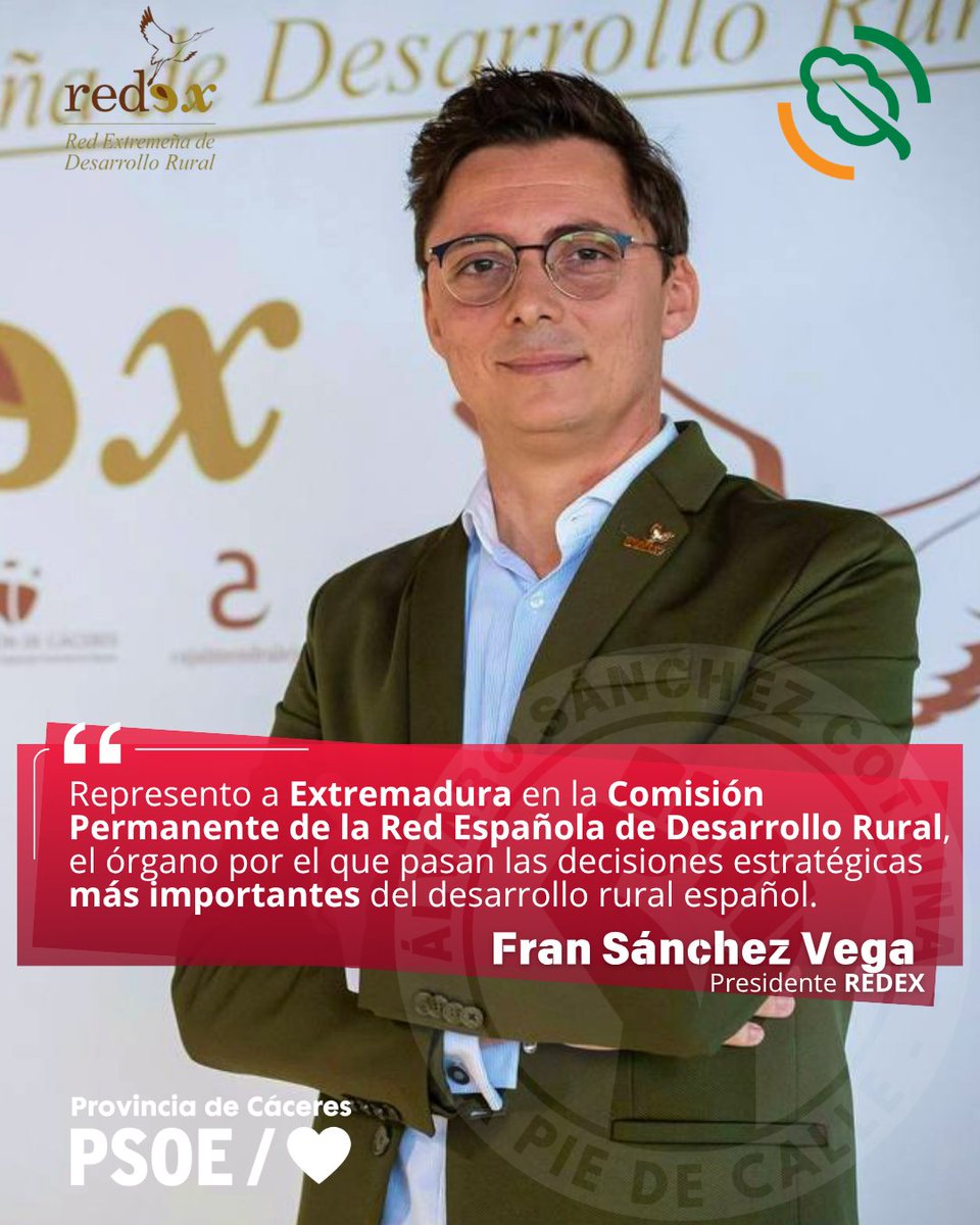 PSOEC's tweet photo. 🌾 Extremadura refuerza su liderazgo en el desarrollo rural
Fran Sánchez Vega impulsa, junto a @REDEX, la voz de nuestra tierra en España 🇪🇸
🔗 https://t.co/iJ87XuVEMt
#Extremadura #DesarrolloRural #REDEX #REDR https://t.co/56nTrEjW1h