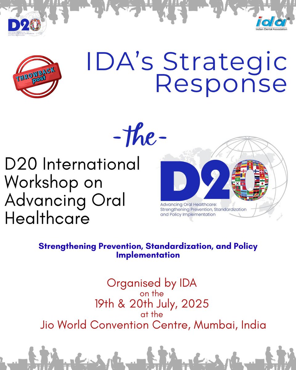 Dr_Ashok_Dhoble's tweet image. 3.5B affected—yet prevention, access &amp;amp; policy gaps held oral health back.
Led by IDA , #D20 (Mumbai, July 2025) turned dialogue into action—setting a roadmap, strengthening partnerships, and advancing standardization.

Read more: tinyurl.com/4h9jczar