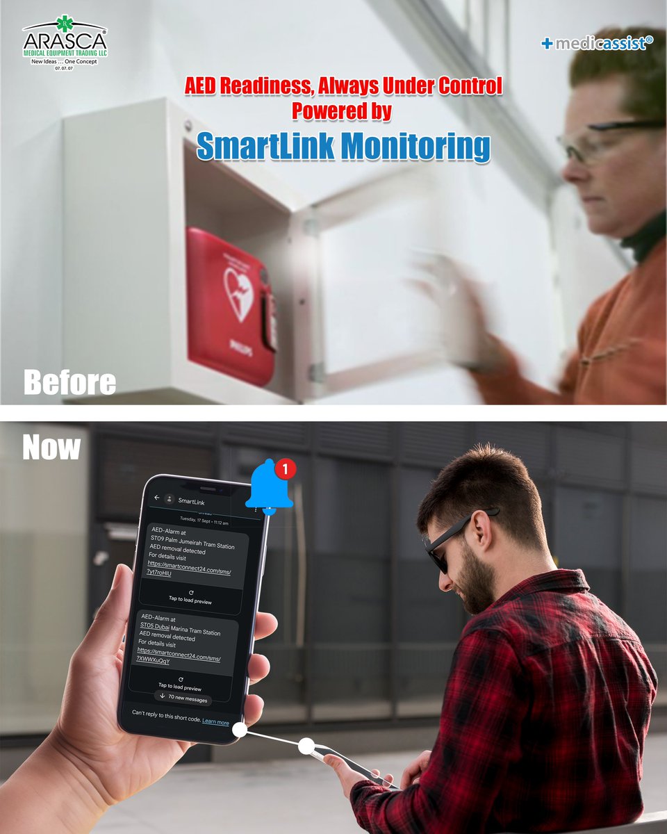 ArascaMedical's tweet image. SmartLink brings intelligent AED monitoring to your fingertips - offering real-time status updates, alerts, and peace of mind that your life-saving devices are always ready. Enable smarter AED monitoring today - contact us for more details. #ARASCA #MedicAssist #Smartlink #AED