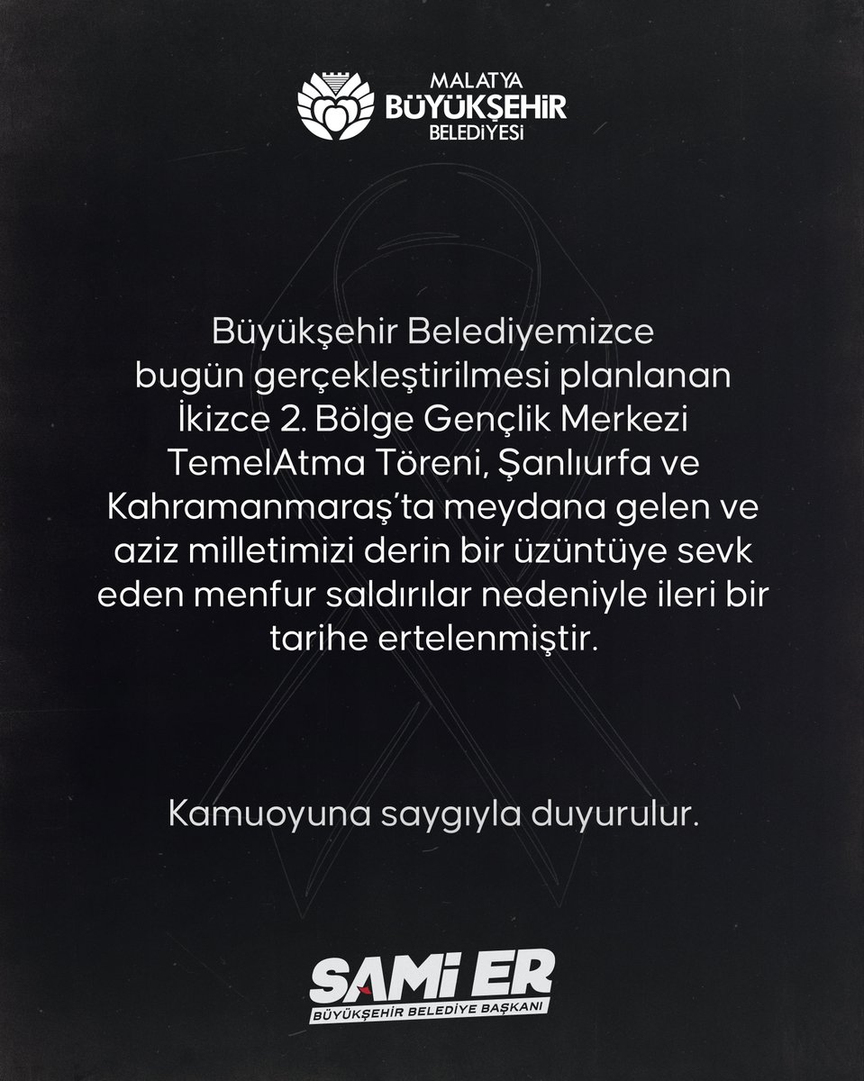 MalatyaBelTr's tweet photo. Büyükşehir Belediyemizce bugün gerçekleştirilmesi planlanan İkizce 2. Bölge Gençlik Merkezi Temel Atma Töreni, Şanlıurfa ve Kahramanmaraş’ta meydana gelen ve aziz milletimizi derin bir üzüntüye sevk eden menfur saldırılar nedeniyle ileri bir tarihe ertelenmiştir.

Kamuoyuna saygıyla duyurulur.