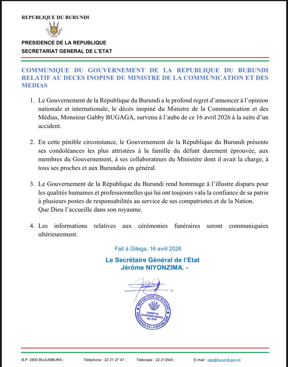 Communiqué du Gouvernement sur le décès inopiné du Ministre de la Communication et des Médias, SE Gabby Bugaga.