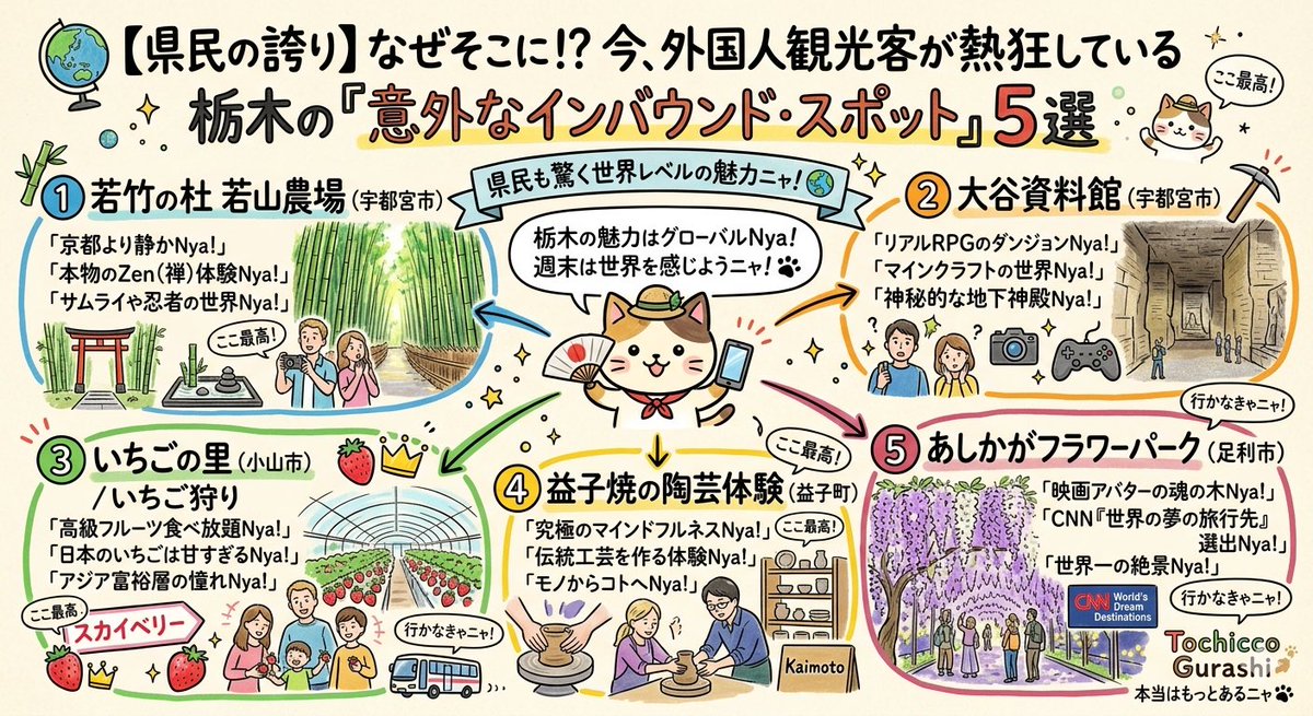 えっ、うちの近所が世界レベル!?🌍

実は今、外国人観光客が【栃木】に熱狂してるって知ってた？

県民にとっては身近なあの場所が、海外からは「神秘的すぎる！」と大絶賛されてる✨

栃木の魅力はグローバル！

県民の誇りをくすぐる「意外なインバウンド・スポット」5選をまとめたよ👇