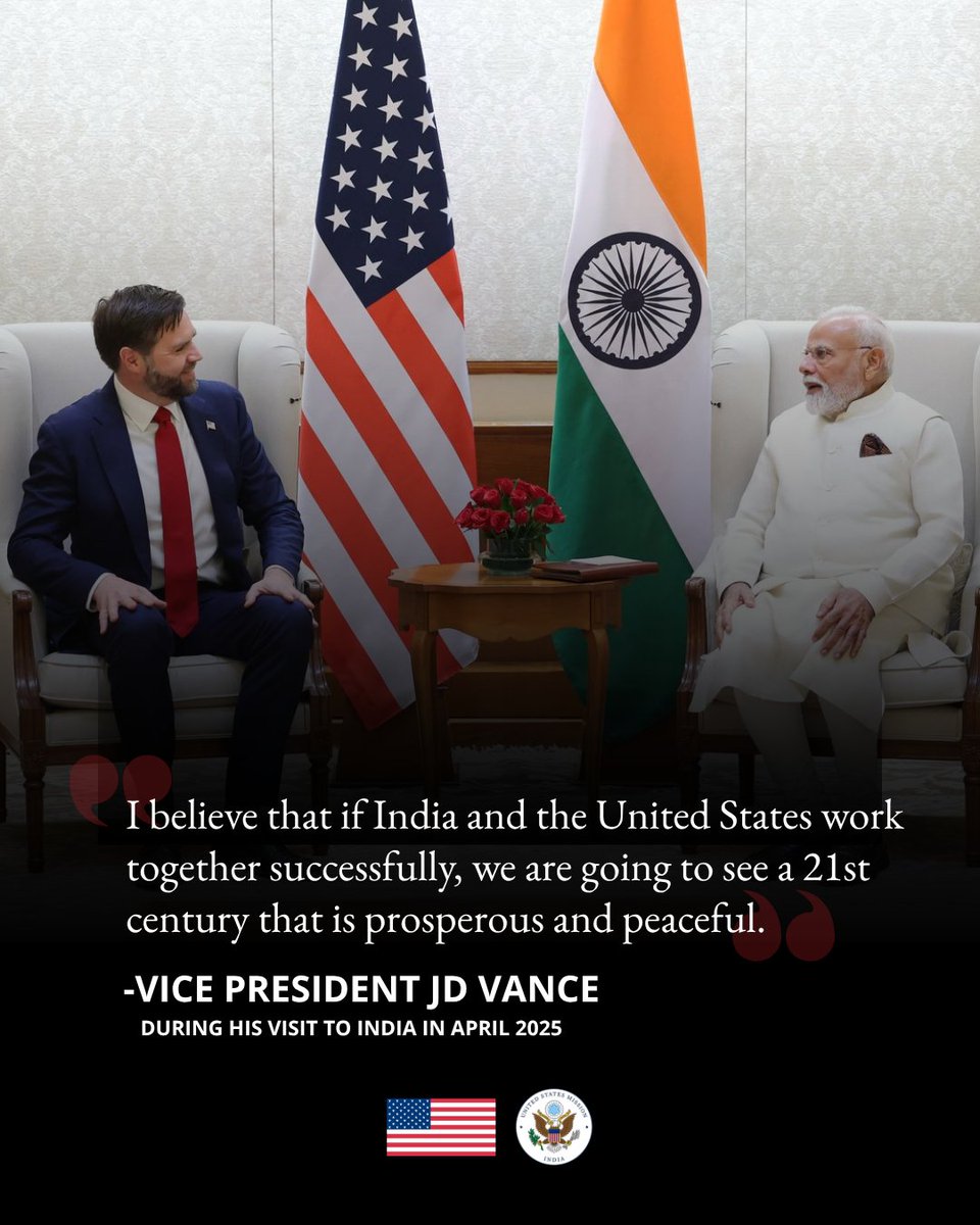 USAndIndia's tweet image. Looking back at a moment of shared vision and partnership. 📷

“I believe that if India and the United States work together successfully, we are going to see a 21st century that is prosperous and peaceful.” - VP Vance during his visit to India in April 2025

#ThrowbackThursdays