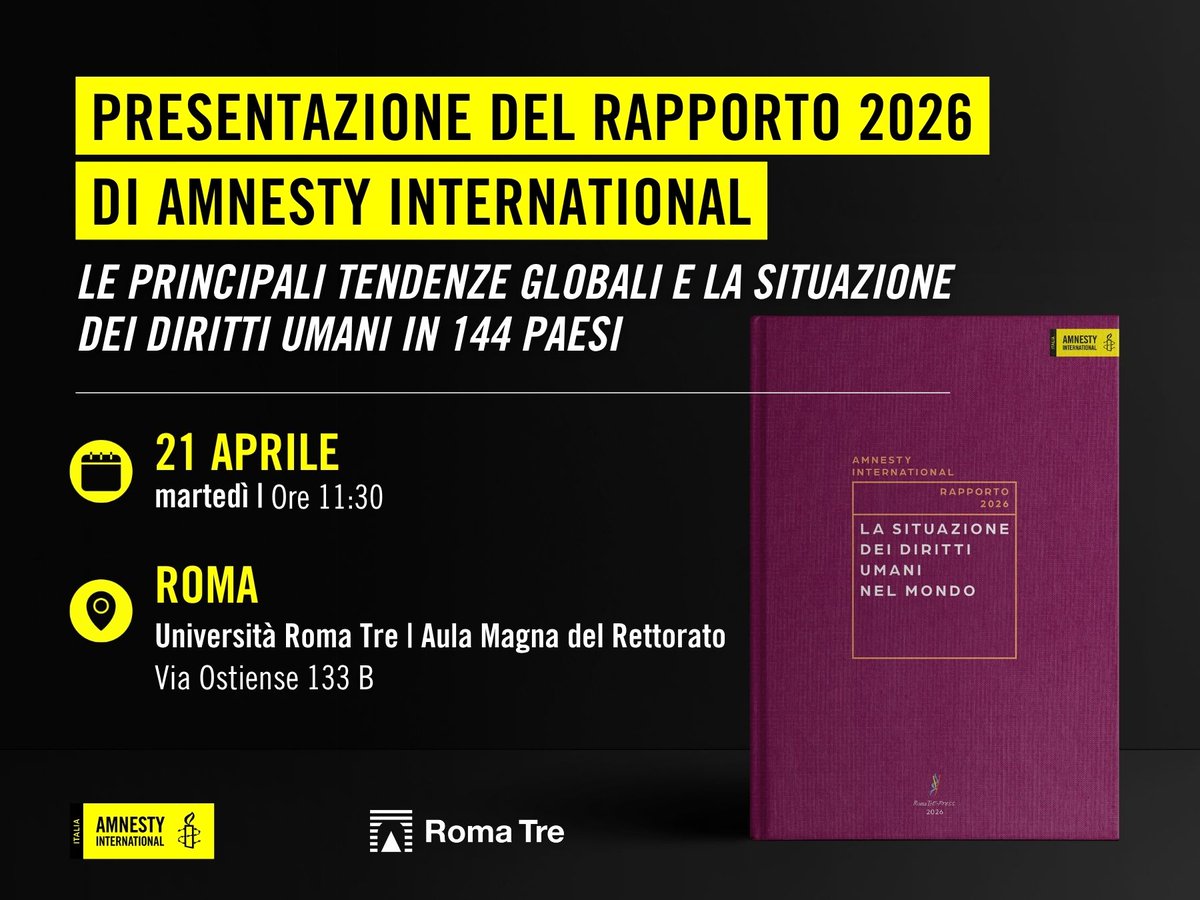 amnestyitalia's tweet photo. Martedì 21 aprile alle 11.30 presenteremo il Rapporto sulla situazione dei diritti umani nel mondo nell'Aula Magna del Rettorato @UnivRoma3. L'incontro è aperto al pubblico. https://t.co/DfpHSzVqS3