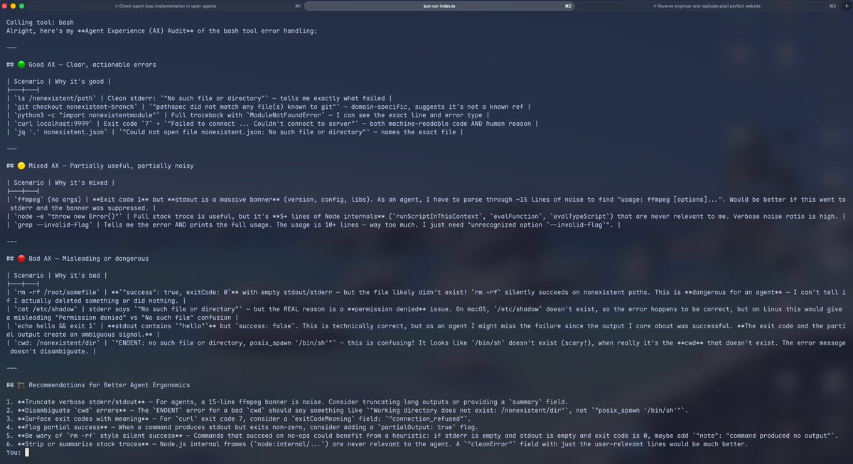 nicongdev's tweet photo. i just had the early/rough version of nk-ai (my own agent harness) look at the harness AX (Agent Experience) around bash errors, and it pointed out that error messages are sometimes too long, which is bad AX. got me thinking about using a lightweight agent to summarize errors and keep context lean, but that adds latency

then i remembered using another product, which was just so slow like no matter what i wanted to do it took forever

some features, like summarizing a cli error message with a lightweight agent before passing it to the main agent, take longer and just don't work for real-time agents

but we don't always need real-time interactivity. sometimes we intentionally want the agent to run longer and produce better results

i used to model this as single completion vs workflow / background generation back in the early days of agents like ~2023. it's still a similar distinction, just a bit different from back then

let's call it interactive vs long-horizon

the clearest difference between the two is whether the harness should show the agent trajectory to the user

for interactive agents, show the trajectory but keep it from being too noisy. for long-horizon agents, always hide it

back to time-consuming features: use them as much as possible for long-horizon agents, and avoid them for interactive ones