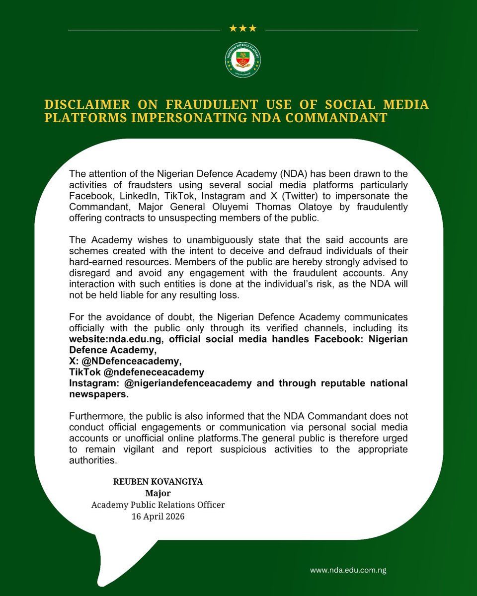 NDefenceAcademy's tweet photo. DISCLAIMER ON FRAUDULENT USE OF SOCIAL MEDIA PLATFORMS IMPERSONATING NDA COMMANDANT https://t.co/uRSADazPz5