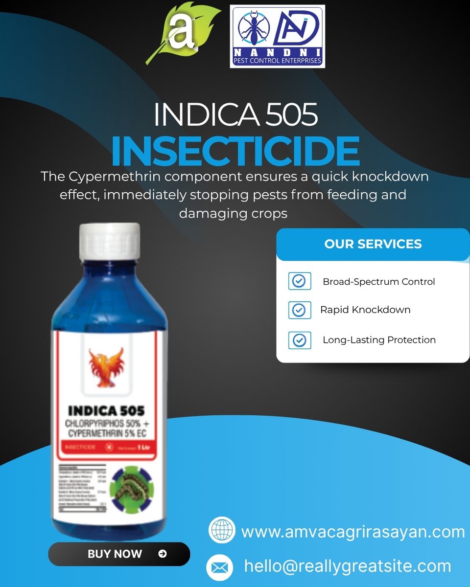agrirasaya20327's tweet image. Stop pests in their tracks with INDICA 505 by Nandini Pest Control Enterprises. Formulated with Chlorpyriphos 50% + Cypermethrin 5% EC, it delivers a rapid "knockdown effect" to prevent crop damage instantly. 

#Insecticide #AgricultureIndia #CropProtection #FarmingSolutions