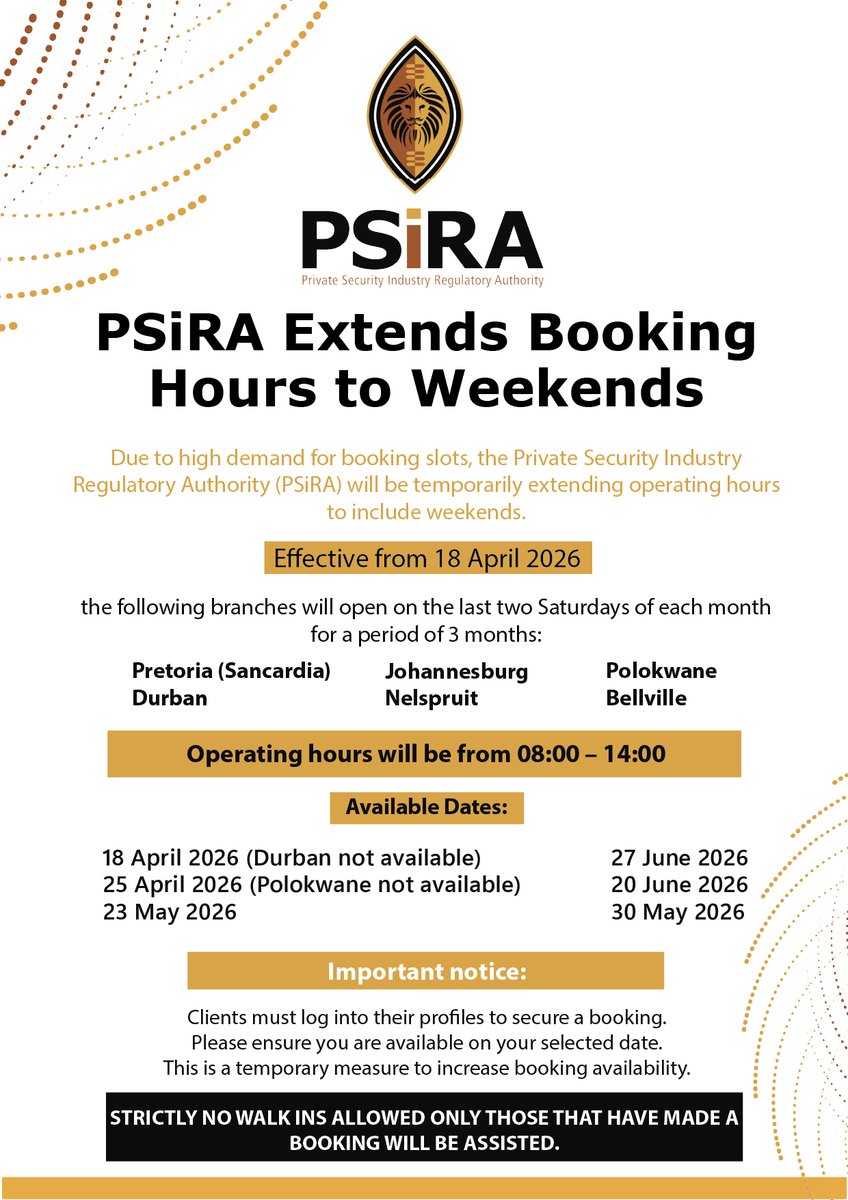 PSiRALive's tweet photo. [NOTICE]

Additional booking slots added on the e-PSiRA online portal https://t.co/V27uAIHrXk