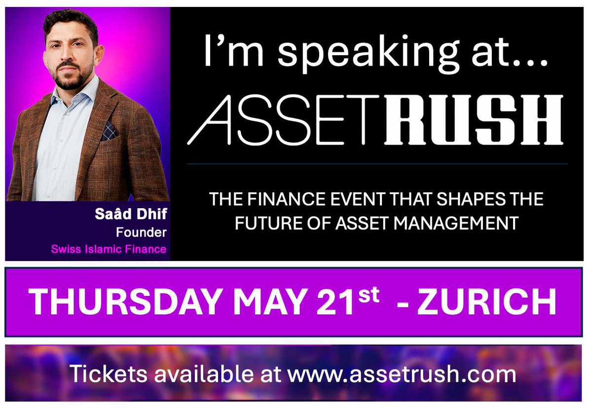 Cipher1Saad's tweet photo. On May 21st, I'll be on stage at AssetRush in Zürich.

For those who don't know the event: it's one of Switzerland's main conferences on the future of asset management. The room will be full of asset managers, fund structurers, fintech founders, and institutional investors.

@swissislamicfin will be there as a presenting startup. As far as I know, it's the first time an Islamic finance company takes the stage at an event of this calibre in #Switzerland.

I'll be sharing more about what we're building at Swiss Islamic Finance: Shariah-compliant investment products built on Swiss rails for investors across Europe, the GCC, and South-East Asia.

If you're in Zürich on May 21st, come say hello. Tickets at https://t.co/Y72d7GOHhx