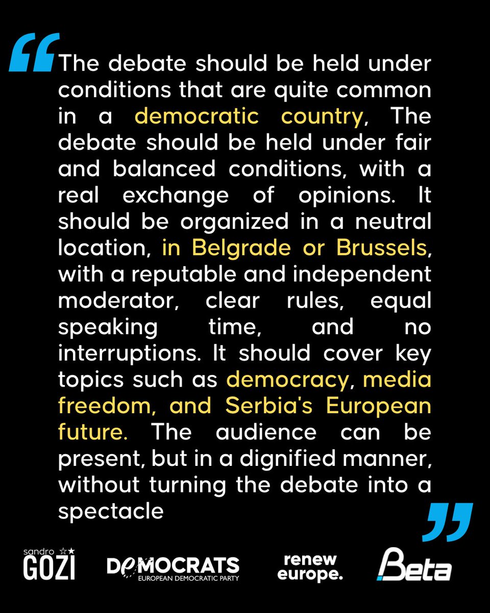 It is positive that President <a href="/avucic/">Александар Вучић</a> has accepted the idea of a debate with me: open confrontation is always useful for citizens — and something they are clearly waiting for. 1/2