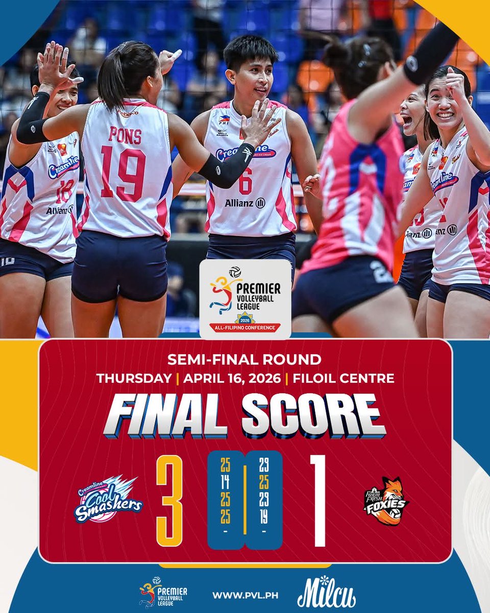 pvlph's tweet photo. BACK WHERE THEY BELONG! COOL SMASHERS REGAIN COMMAND! 🍦

⚔️ : CREAMLINE 🍦 vs. FARM FRESH 🦊

Watch the games on:
📺 : One Sports | One Sports+
📲 : Pilipinas Live
🖥️ : https://t.co/ihdl9Qn3VC

#PVL2026 | #TheHeartOfVolleyball https://t.co/ue2IvbzkB9