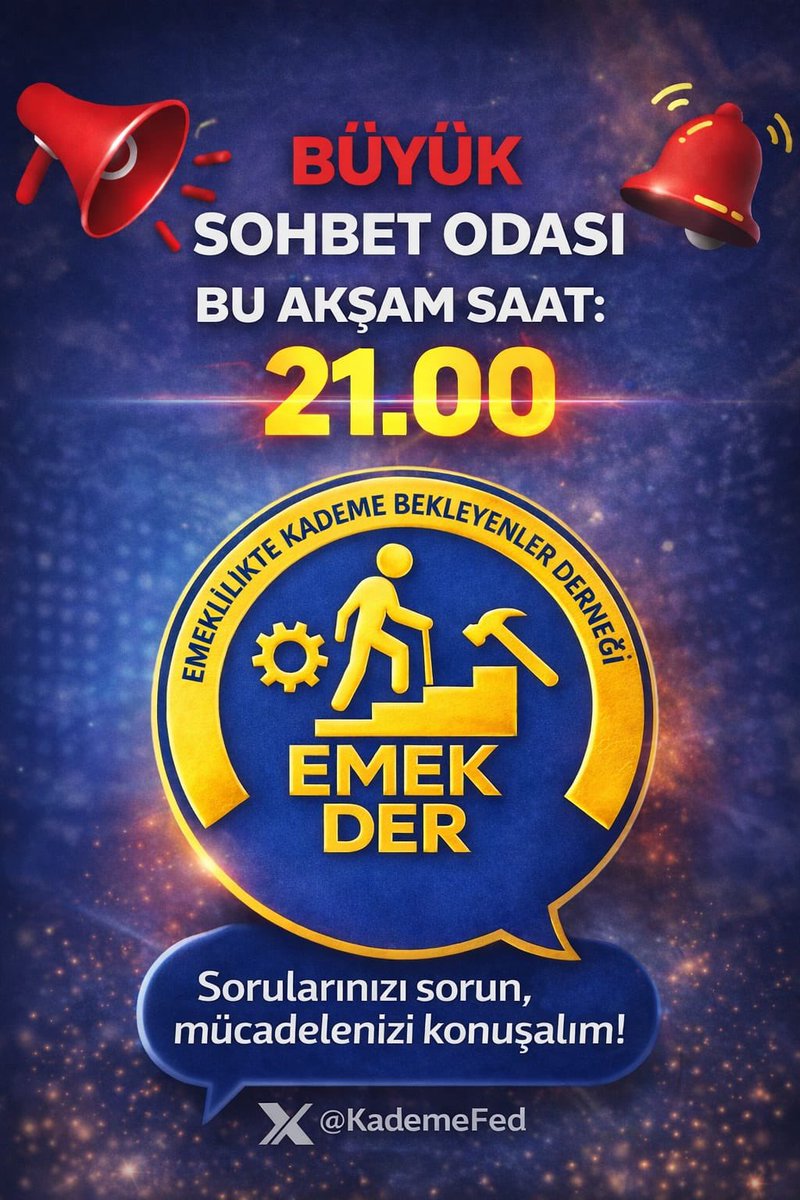 🎙️ Bu akşam önemli bir buluşma var!

Kademeli emeklilik sürecine dair çok önemli görüşmelerin ve kritik gelişmelerin ele alınacağı X Space sohbet odamızda bir araya geliyoruz.

📢 Gündemi birlikte değerlendirmek, sürece katkı sunmak ve gelişmeleri ilk ağızdan dinlemek için