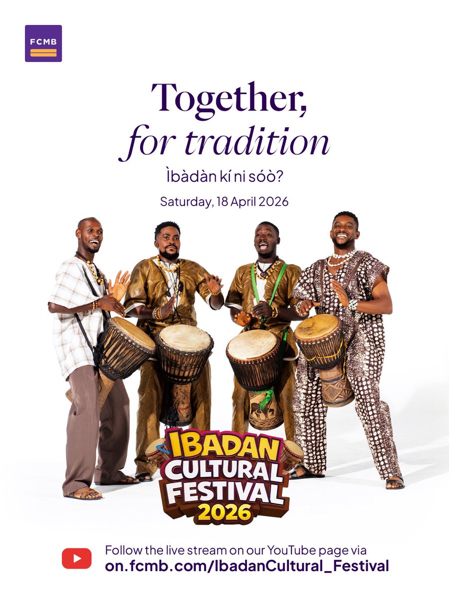 MyFCMB's tweet image. A week-long celebration of culture, heritage, and tradition is already unfolding across the city.

If you’re there, tell us what you’re experiencing.
 If you’re not, catch the Grand Finale live this Saturday on our YouTube channel.
 
#IbadanCulturalFestival #FCMB #Culture