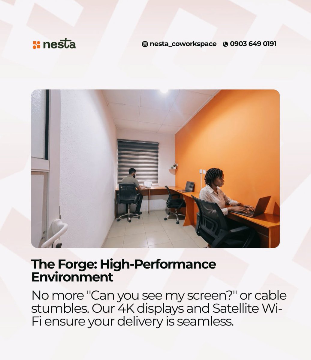 Nesta_WorkSpace's tweet image. First impressions are everything.

Pitching to an international client from a noisy cafe? Not professional. 
Pitching from a sleek, calm Nesta meeting room? That’s a closed deal.

#IbadanCoWorkspace
#RemoteWorkers
#NestaCoWorkspace
#Nesta