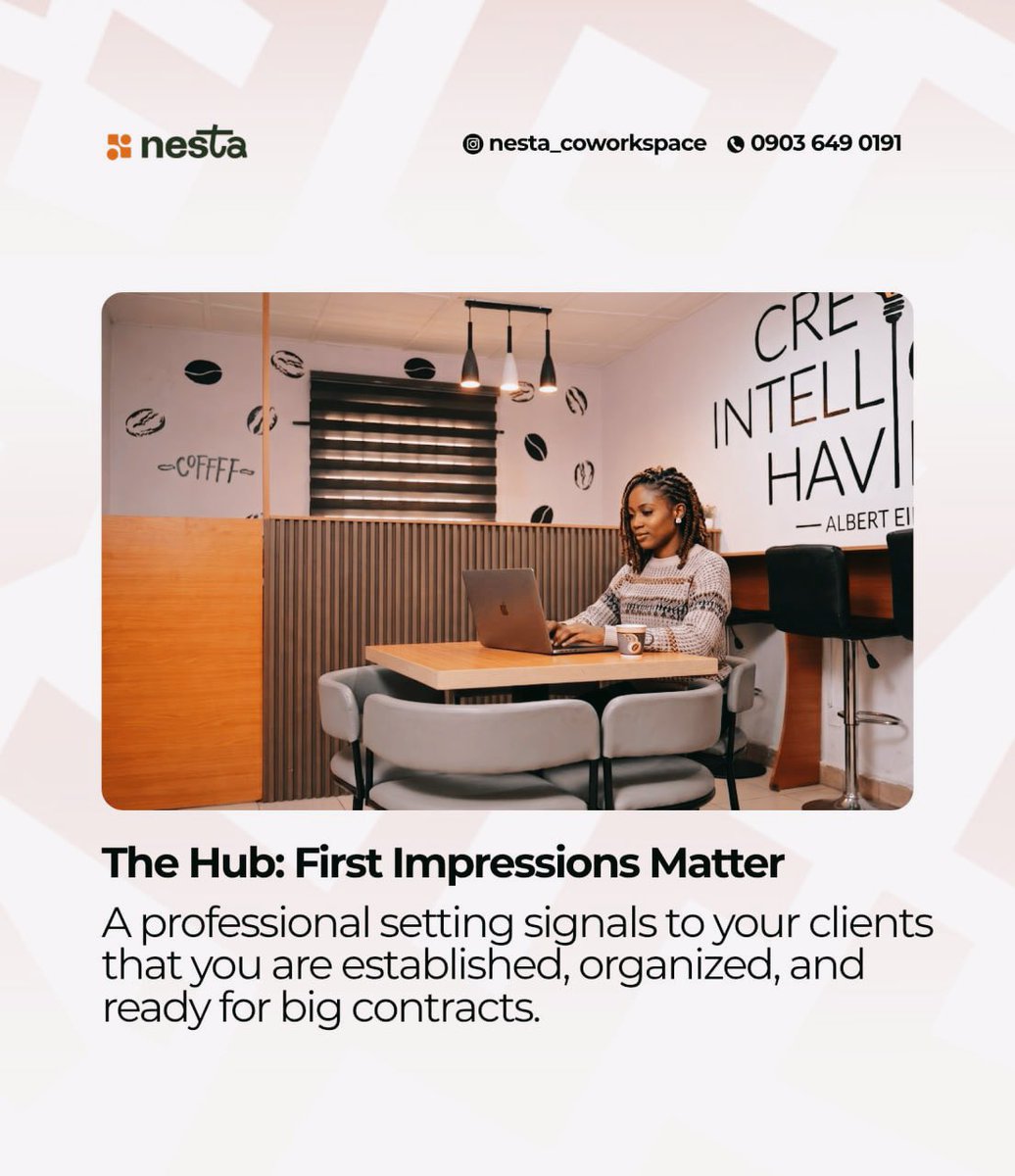 Nesta_WorkSpace's tweet image. First impressions are everything.

Pitching to an international client from a noisy cafe? Not professional. 
Pitching from a sleek, calm Nesta meeting room? That’s a closed deal.

#IbadanCoWorkspace
#RemoteWorkers
#NestaCoWorkspace
#Nesta