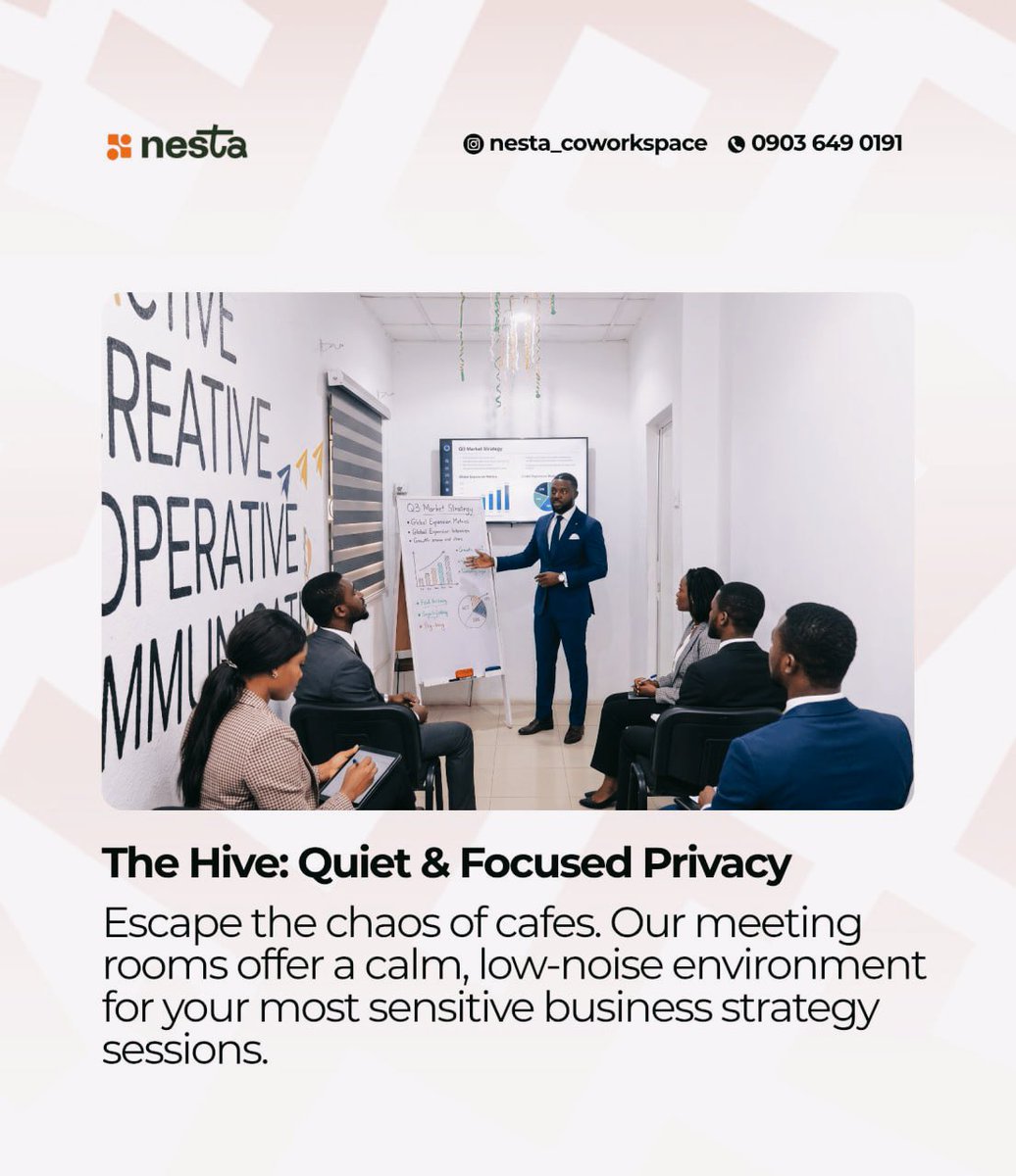 Nesta_WorkSpace's tweet image. First impressions are everything.

Pitching to an international client from a noisy cafe? Not professional. 
Pitching from a sleek, calm Nesta meeting room? That’s a closed deal.

#IbadanCoWorkspace
#RemoteWorkers
#NestaCoWorkspace
#Nesta