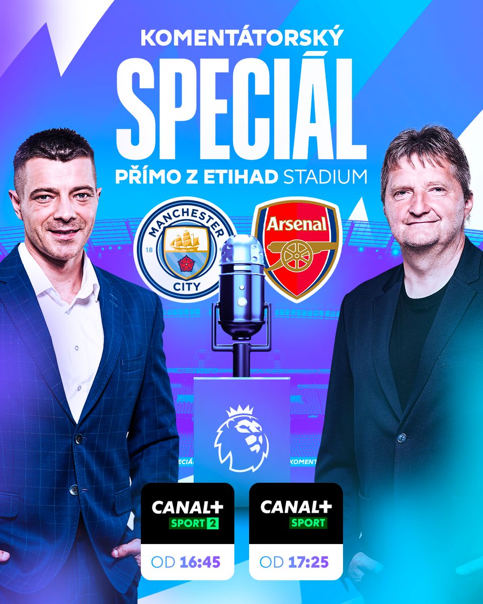 CANALSportCZ's tweet photo. Speciální zápas si zaslouží speciální komentář! 🎙️🤩

Boj o titul odkomentují @MatLukac a @JaromirBosak přímo z Etihad Stadium! 🔥 Zároveň z komentátorských pozic nabídnou vstupy do studia. 🔝

🕔 16:45 | start studia na CANAL+ Sport 2
🕠 17:25 | start utkání na CANAL+ Sport https://t.co/cfoev1wqMX