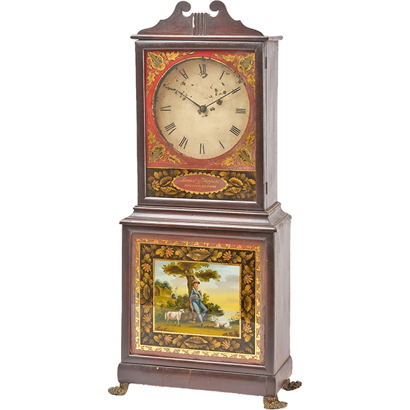 AntiqueDigest's tweet image. A shelf clock, 37¼" x 12½" x 5¾", by Lemist &amp;amp; Tappan, Philadelphia, c1815, with a reverse-painted scene on glass, with brass paw feet, &amp;amp; without weights or pendulum, sold for $27,720 (e $1500/2500) at New England Auctions maineantiquedigest.com/stories/a-coup… #antiques #antique #clock #clocks