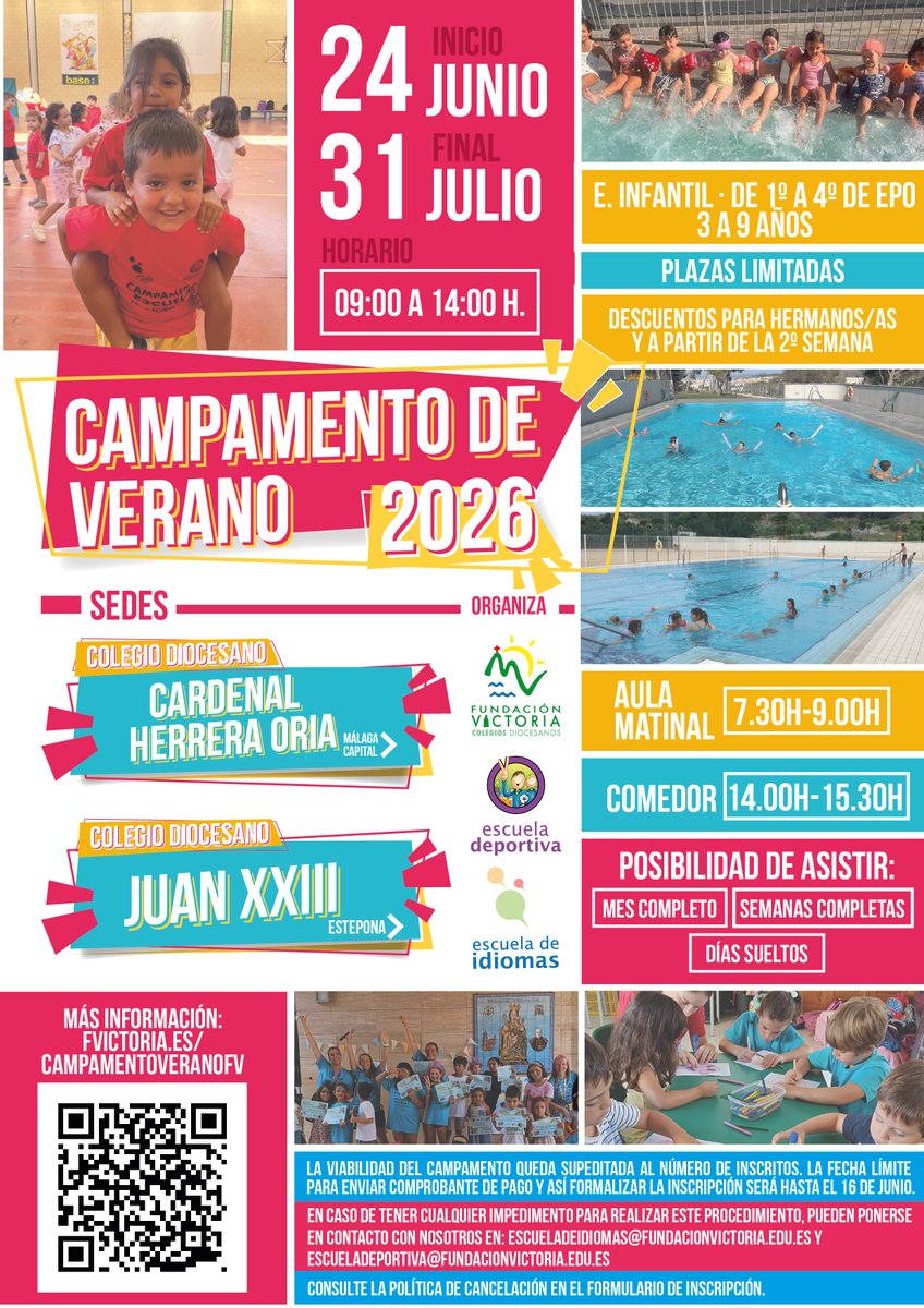 fvictoria_es's tweet photo. ¡Abiertas las inscripciones para los #CampamentosVeranoFV!

📍 Málaga: @cardenal_ori 
📍 Estepona: @FV_JuanXXIII 

📅 Del 24 de junio al 31 de julio (diferentes turnos)
🕘 09:00 a 14:00 h. Con posibilidad de aula matinal (7:30 h) y comedor (15:30 h)

#ColegiosDiocesanos https://t.co/iIH1WGvXQt