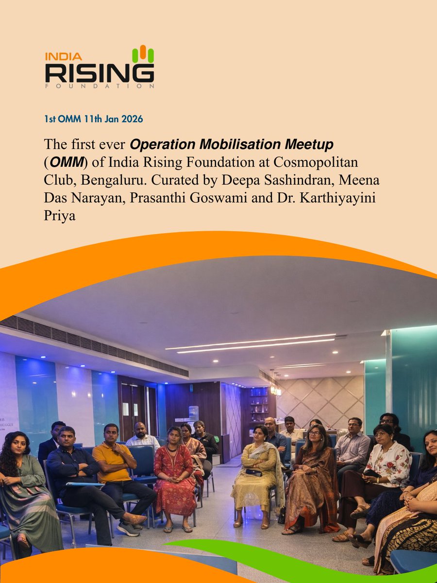 indrising_found's tweet photo. A proud milestone for India Rising Foundation 🇮🇳 Our first-ever Operation Mobilisation Meetup (OMM) was held on 11 Jan 2026 in Bengaluru. An evening of leadership, collaboration &amp; impact.

#IndiaRisingFoundation #OMM2026 #Bengaluru #Leadership https://t.co/F98XMftRQa
