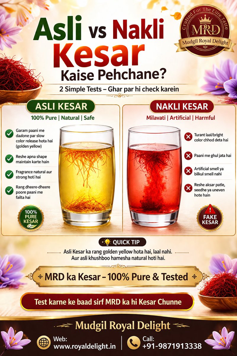 MudgilRoyal's tweet image. 90% people are using fake saffron

Quick Test:

Real = slow golden color
Fake = instant red color
Don’t get fooled ❌
Choose purity ✅

Choose only MRD Saffron for pure &amp;amp; Original

Order Now:
🌐 royaldelight.in
📞 +91-9871913338

#Saffron #PureKesar #MRD #healthcarein