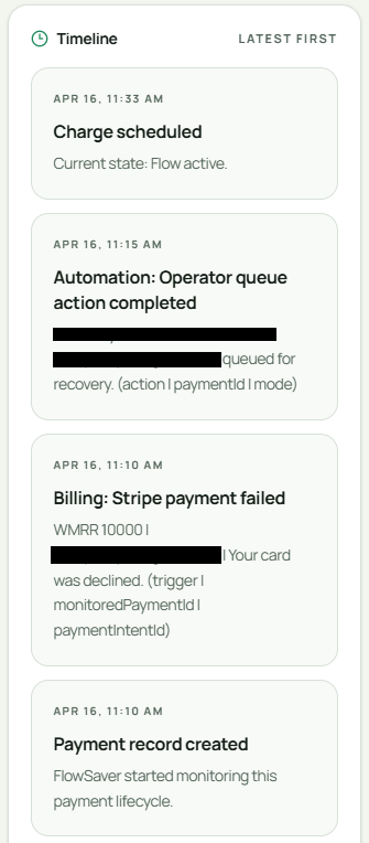 LorisCode's tweet photo. A failed payment isn’t just an error log; it’s a customer's story. I designed a Payment Timeline Dialog to see the exact status of a customer: attempt, failure, email sent, action required. Ops teams are going to love this. 🕵️‍♂️ 📸 https://t.co/w4lK147nnW