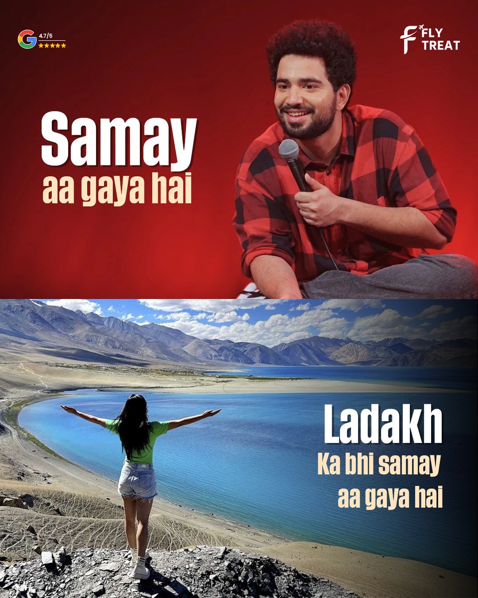 Flytreat_Tour's tweet photo. Samay aa gaya hai… par sirf dekhne ka nahi, jeene ka. ✈️🌍

From the calm waters of Kashmir to the raw beauty of Ladakh,
From the snowy roads of Himachal to the magical waterfalls of Meghalaya,
Aur Kedarnath ki spiritual vibes. https://t.co/vnnAaizs3t