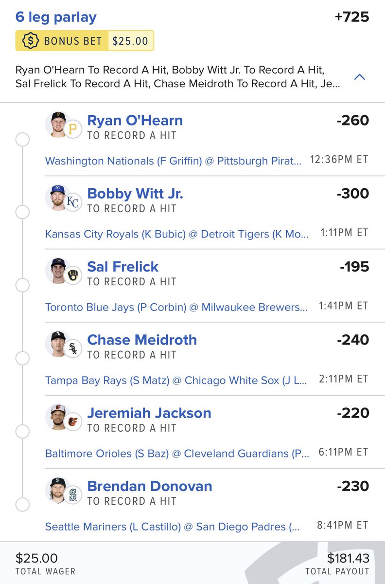 BigToney8's tweet image. ⚾️ MLB HITS PARLAY⚾️

Link below to tail ⬇️

betfinder.short.gy/lwGOjO?utm_ref… 

$25-----&amp;gt;$181🤞🏻

#MLBPicks #MLBTwitter #Gambling𝕏