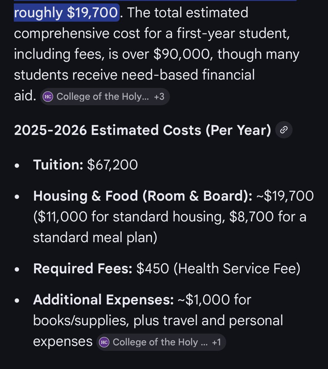 Tim80151918's tweet photo. @OnlyInBOS Par for the course the course for most fancy colleges Holy Cross is $90k https://t.co/J4077ZJpUs