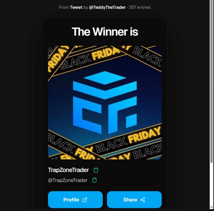TeddyTheTrader's tweet photo. congo winners
winner from YT comments : Roronoao_zoro
winner from x comments : @TrapZoneTrader https://t.co/iJhTsznjfy
