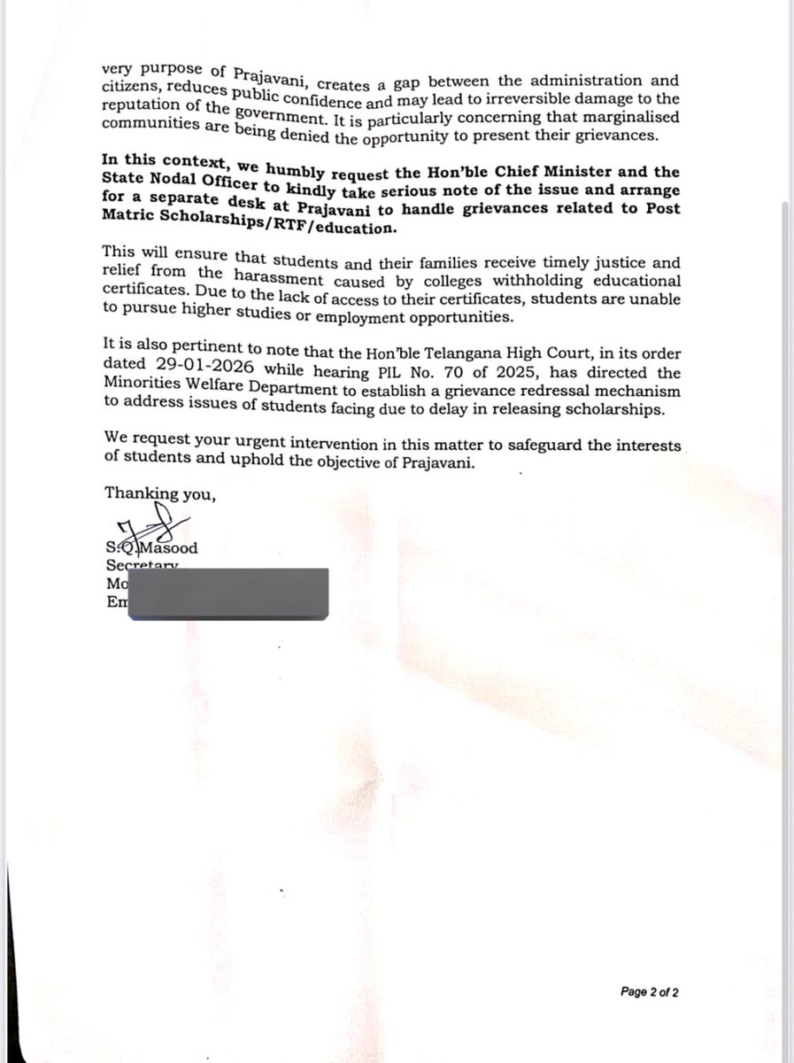 SQMasood's tweet photo. We have received complaints from students that grievances are not being accepted at Prajavani.

@ASEEM_India team has verified &amp; wrote a letter to @revanth_anumula drawing his attention to the non-acceptance of grievances related to Post Matric Scholarships (RTF) at @TSPrajaVani https://t.co/C90ZL7hwjF