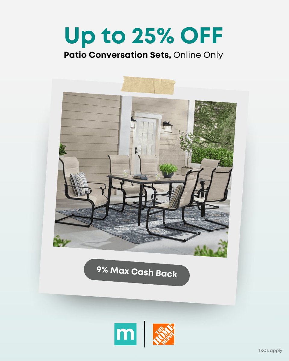 Max_Rebates's tweet photo. Turn your outdoor space into a cozy hangout 🌿🪑 Home Depot’s Patio Conversation Sets are now Up to 25% OFF (online only!) ☀️✨

🎁 Earn Up to 9% Cash Back on this deal: https://t.co/Y8dpqrXTBf 

#maxrebates #homedepot #patiosetup #outdoorliving #cashbackdeals https://t.co/V9stZmfP9T