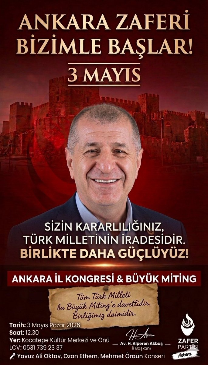 “Birlikte güçlüyüz, birlikte kazanacağız!
3 Mayıs’ta Ankara’da buluşalım.” 🇹🇷
<a href="/umitozdag/">Ümit Özdağ</a>  <a href="/zaferpartisi/">Zafer Partisi</a> 
<a href="/ZaferPartisi06/">Zafer Partisi Ankara İl Başkanlığı</a>